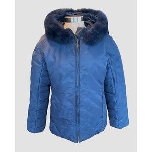 1 Madison Women L Blue 3/4 Length Detachable Fox Fur Trim Hood Zip Puffer Jacket